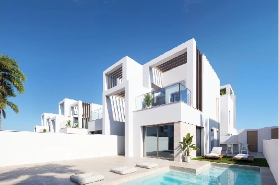 Eck-Reihenhaus in Los Alcazares zu verkaufen, Living area 146 m², Zustand Erstbezug, Klimaanlage, Plot 177 m², 3 Schlafzimmer, 2 Badezimmer, Pool, ref.: HA-LAN-480-Q01-1